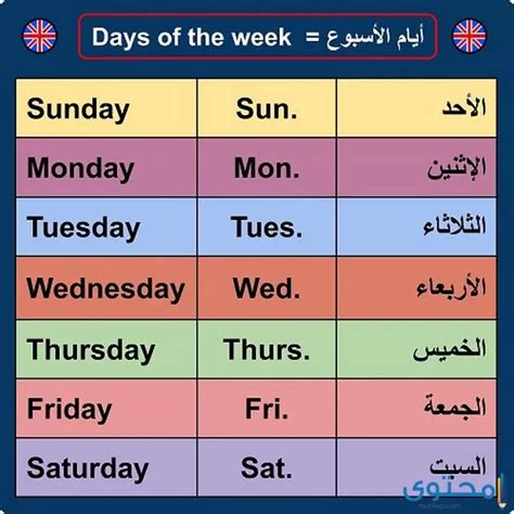 ايام الاسبوع ب الانجليزي